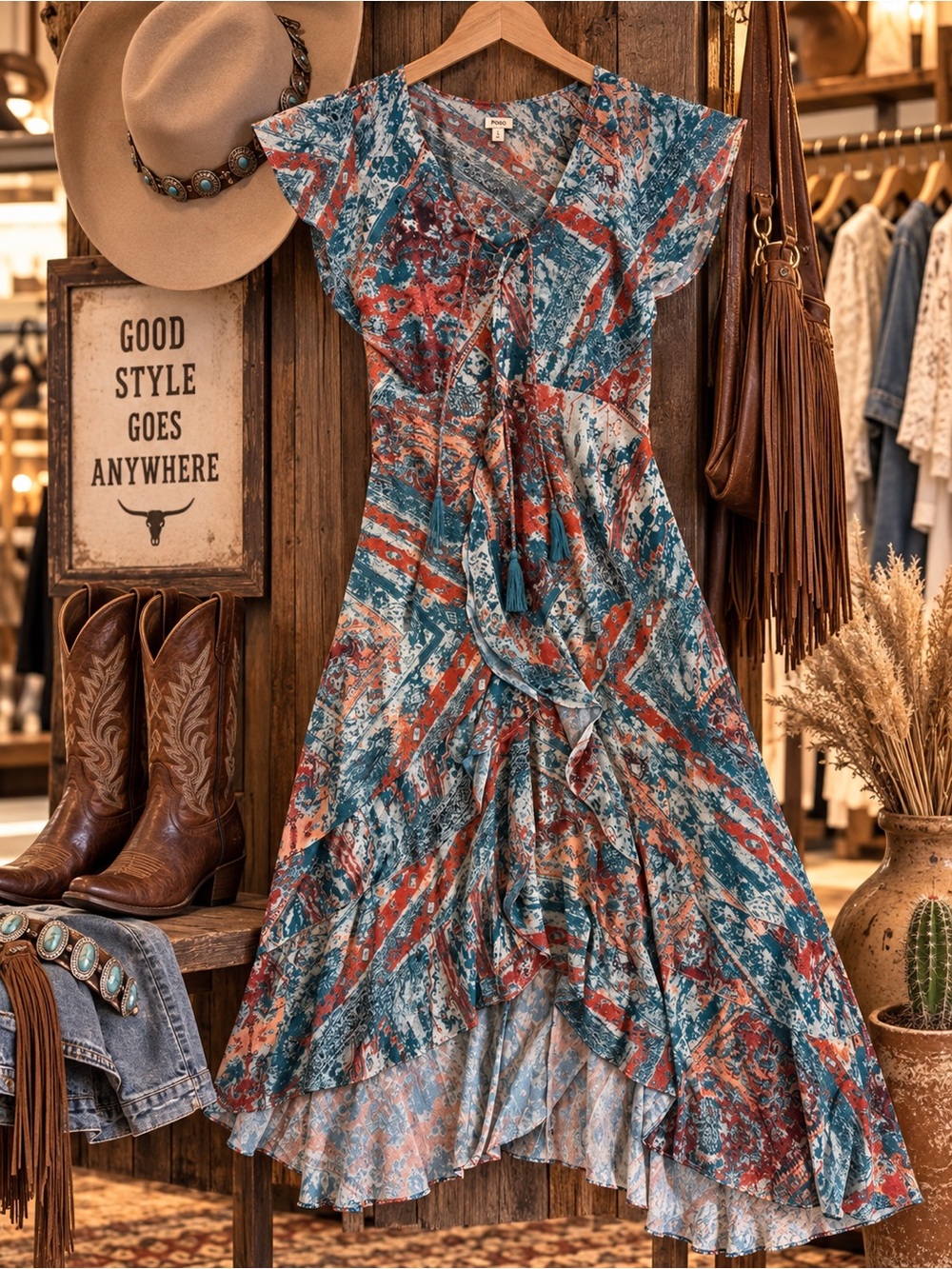 Reba Teal & Rust Abstract Floral High-Low Midi Dress